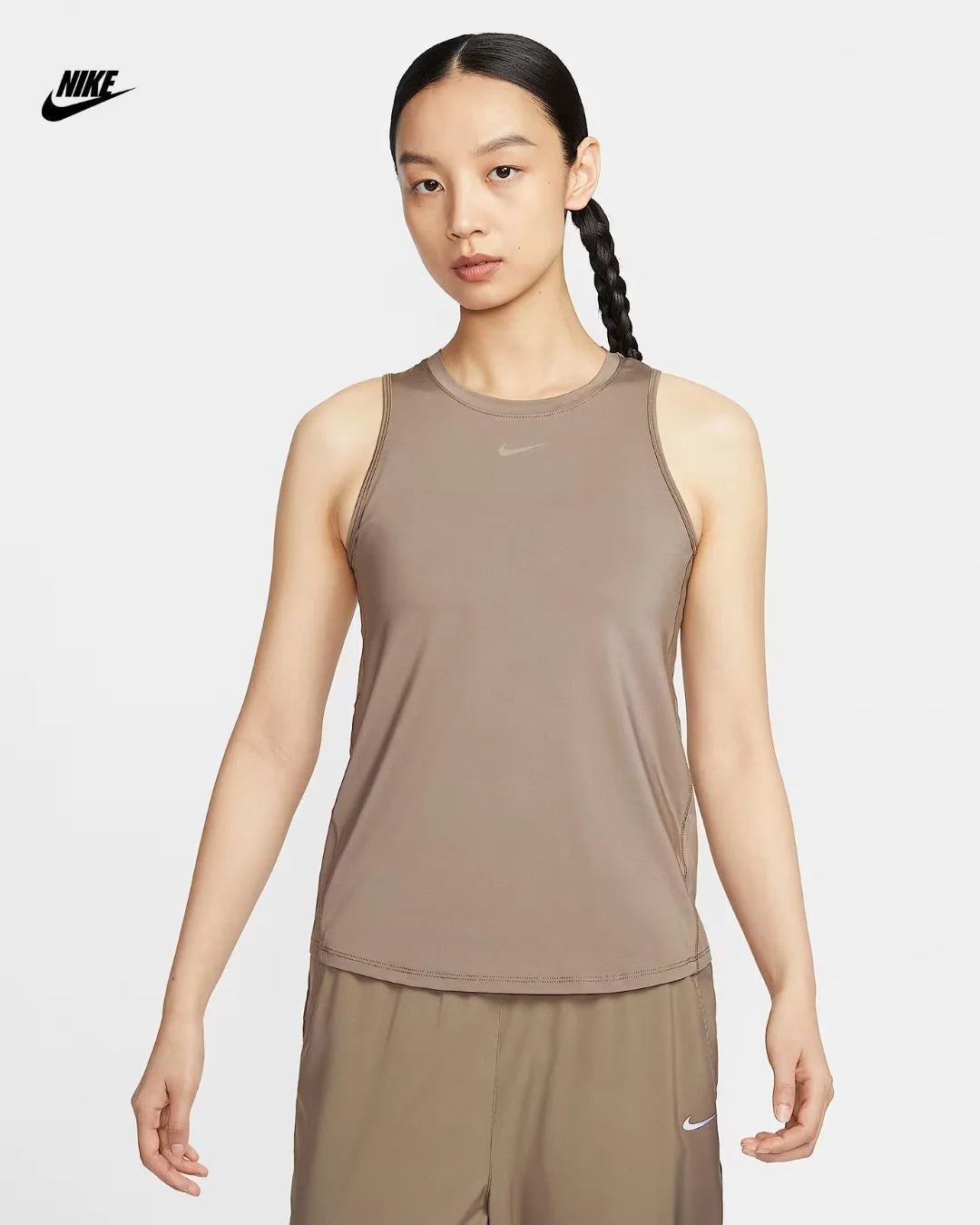 NIKE One Classic Women's Dri-FIT Tank Top- Mink Brown/Black S White