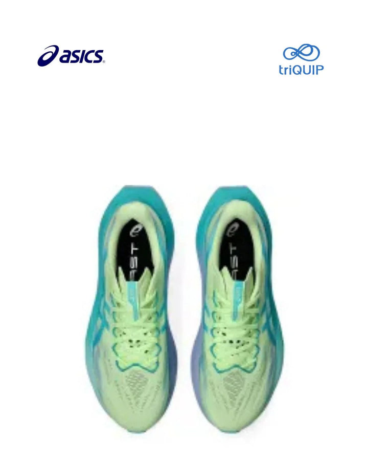 A pair of Asics running shoes shown from a top-down view on a white background, featuring a vibrant gradient of teal, lime green, and light blue. The Asics logo is visible in the top left, and the triQUIP logo is in the top right.