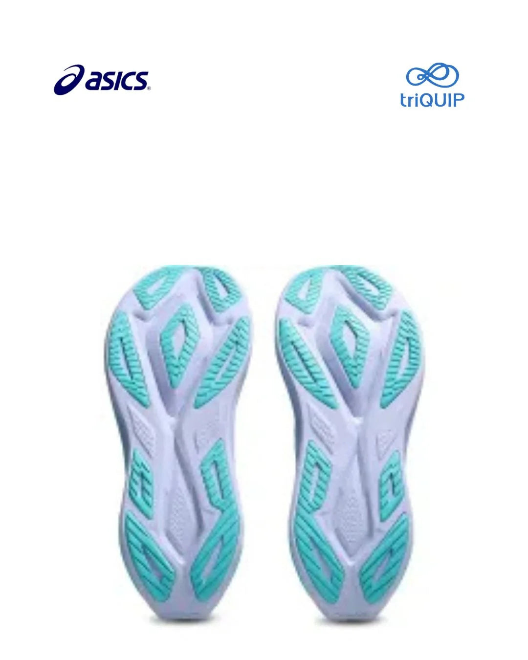 A pair of ASICS Superblast 3 running  shoes soles shown from the bottom, featuring a pale lavender base with mint green textured tread patterns. The Asics logo is visible in the top-left corner, and the triQUIP logo is in the top-right, all on a clean white background.