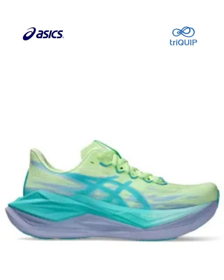 An Asics Superblast 3 running shoe in a vibrant lime green and teal colorway, featuring a thick purple and teal midsole. The Asics logo is visible in the top left corner, and the triQUIP logo is in the top right, all on a plain white background.