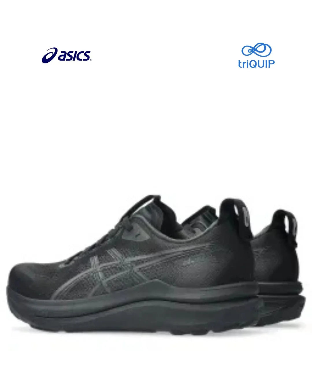 A pair of black Asics Gel-Kayano 33 Men running shoes shown from the side against a white background, with the Asics logo in the top left and a triQUIP logo in the top right.