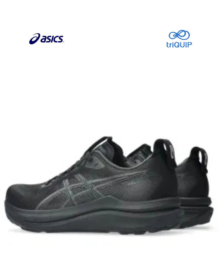 A pair of black Asics Gel-Kayano 33 Men running shoes shown from the side against a white background, with the Asics logo in the top left and a triQUIP logo in the top right.