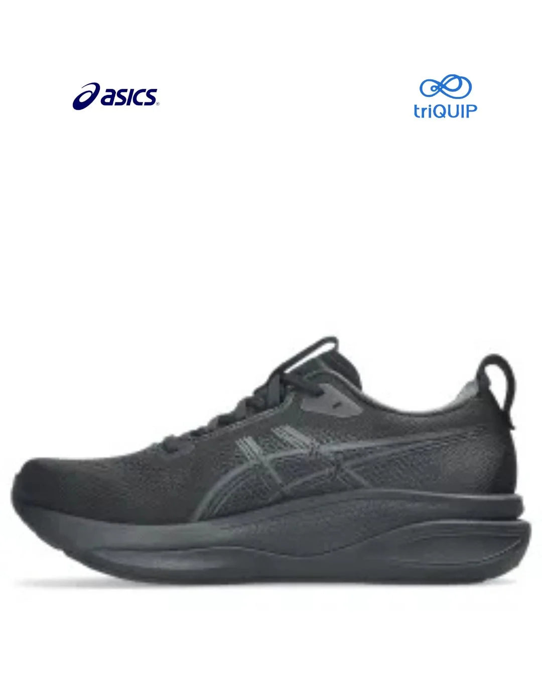 A black Asics Gel Kayano 33 running shoe shown in a side profile view against a white background, with the Asics logo in the top left and the triQUIP logo in the top right.