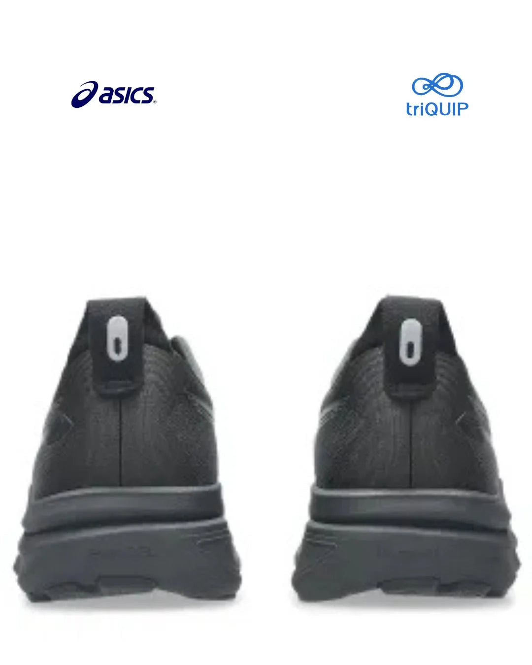 A pair of black Asics Gel Kayano 33 Men running shoes shown from the rear, displayed side-by-side on a white background with the Asics and triQUIP logos at the top.