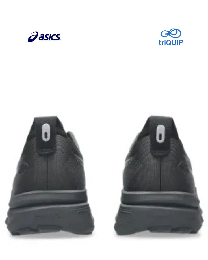 A pair of black Asics Gel Kayano 33 Men running shoes shown from the rear, displayed side-by-side on a white background with the Asics and triQUIP logos at the top.