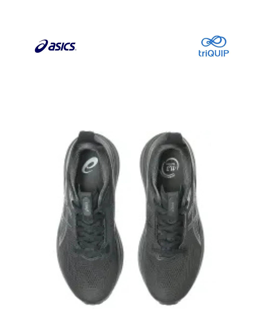 A pair of dark gray Asics Gel-Kayano 33 Men running shoes shown from a top-down view on a white background, with the Asics logo in the top-left corner and the triQUIP logo in the top-right.