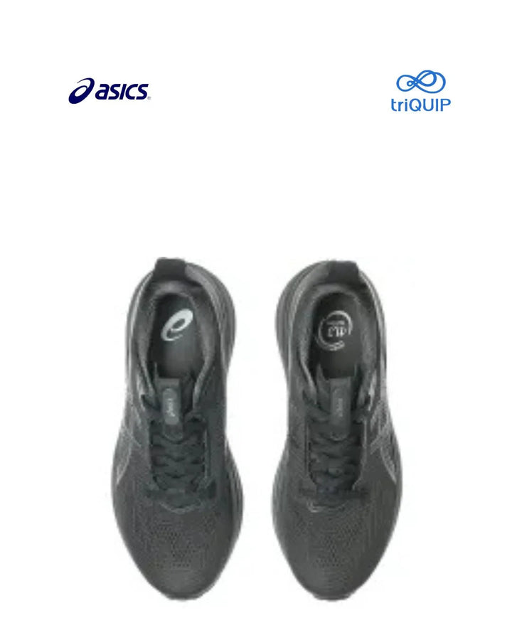 A pair of dark gray Asics Gel-Kayano 33 Men running shoes shown from a top-down view on a white background, with the Asics logo in the top-left corner and the triQUIP logo in the top-right.