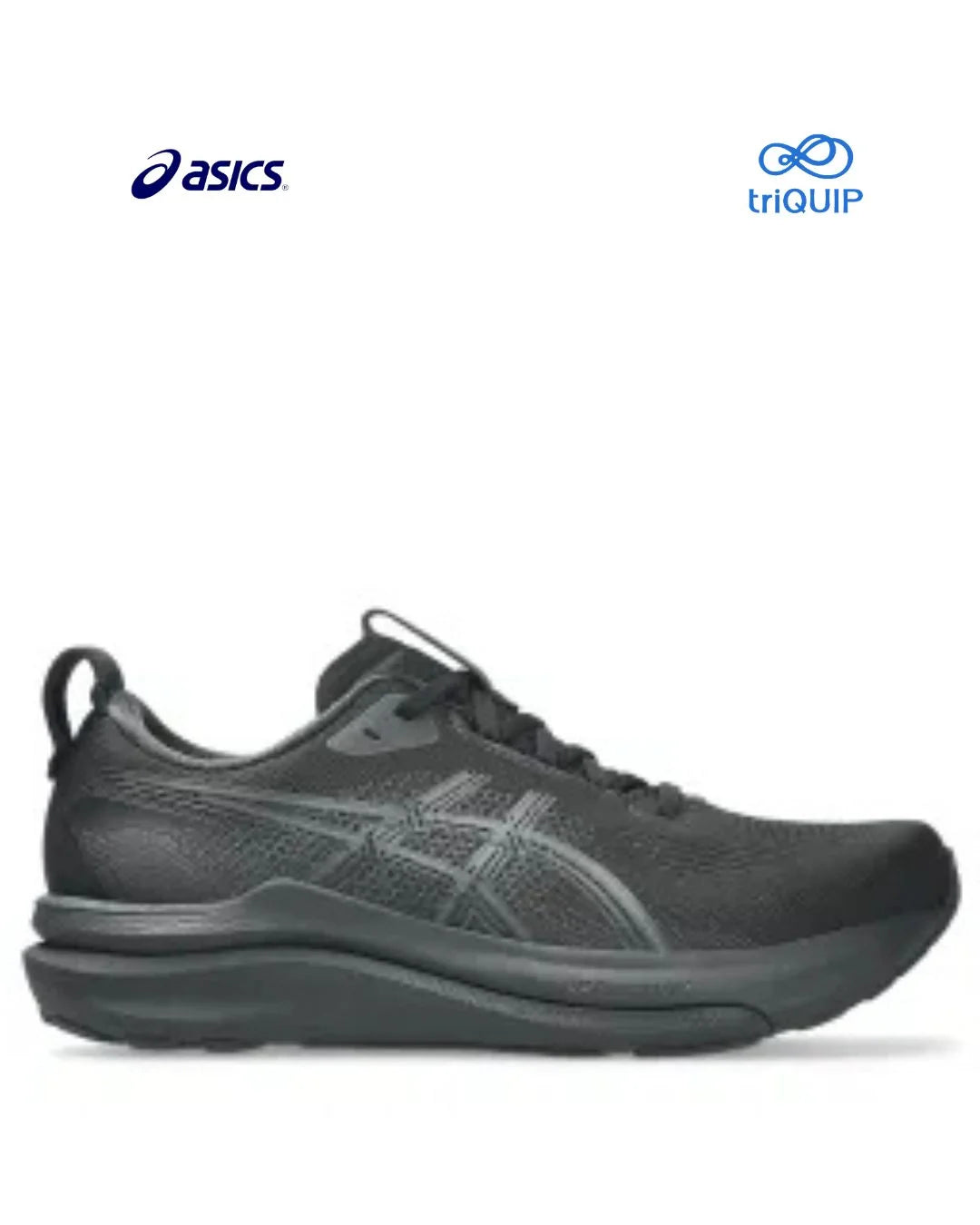 A dark gray Asics Gel-Kayano 33 Men running shoe shown from the side against a white background, with the Asics logo in the top left and the triQUIP logo in the top right.