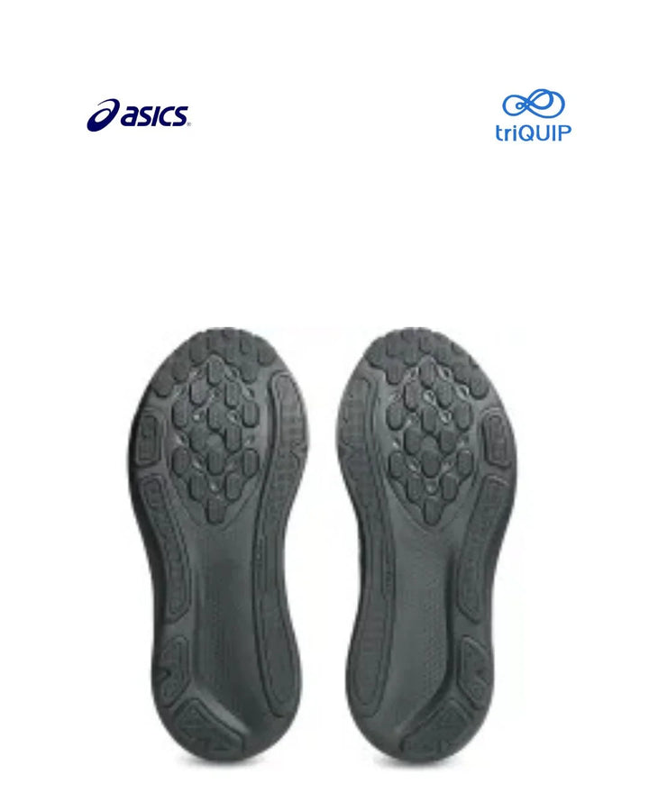 A pair of dark gray athletic ASICS Gel-Kayano 33 Men Running shoe soles shown from the bottom against a white background, featuring the Asics logo in the top left and the triQUIP logo in the top right.