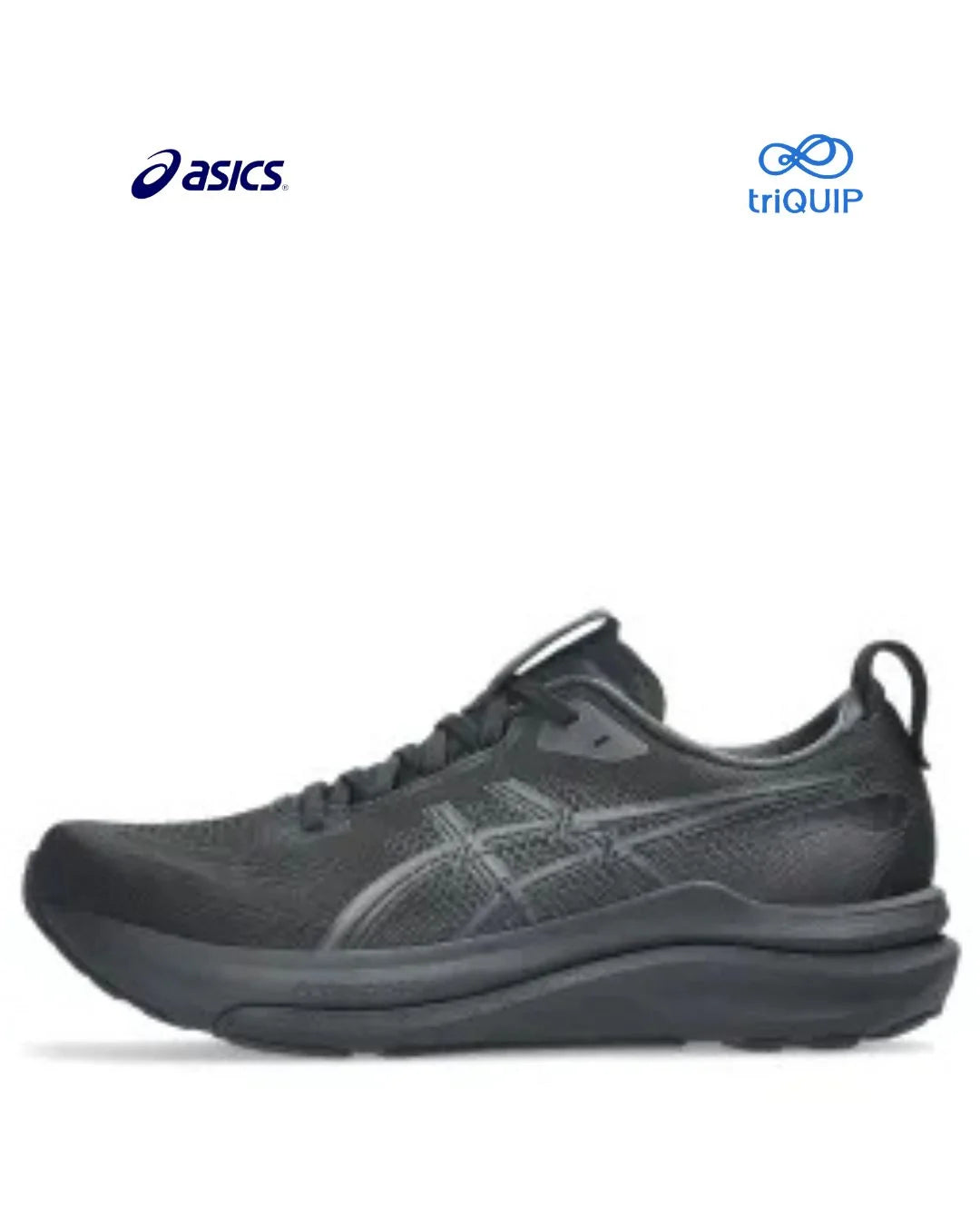 A dark gray Asics Gel-Kayano 33 Men running shoe shown from the side profile on a white background, with the Asics logo in the top left and a triQUIP logo in the top right.