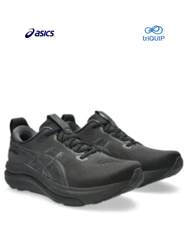 A pair of Asics Gel-Kayano 33 Men running shoes in dark gray and black, displayed on a clean white background with the Asics logo in the top left and the triQUIP logo in the top right.