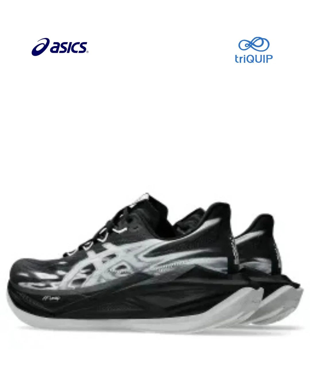 A pair of Asics Superblast 3 running shoes in black and white, shown from a side profile view on a white background with Asics and triQUIP logos at the top.