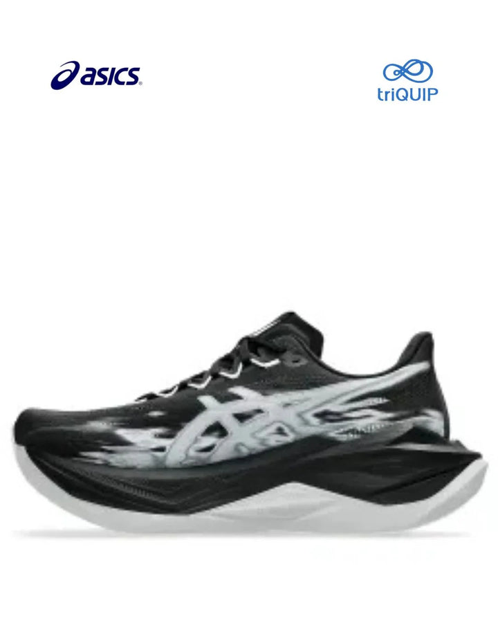 An Asics Superblast 3 running shoe in black and white, featuring the Asics logo on the side and a white triQUIP logo in the top right corner, set against a plain white background.