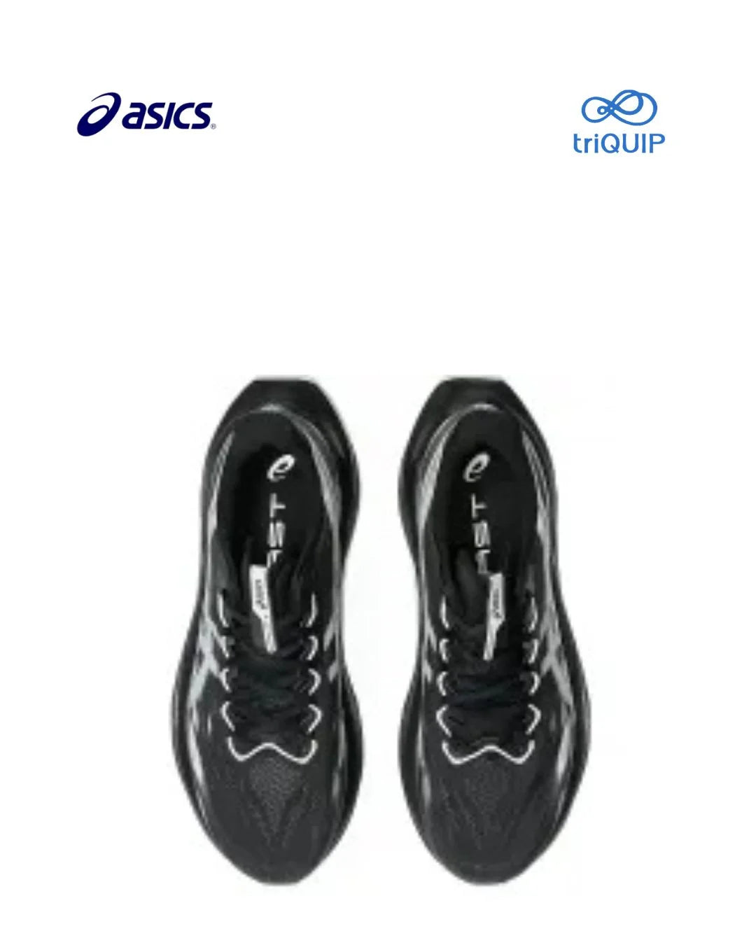 A pair of black Asics Superblast 3 running shoes shown from a top-down view on a white background, with the Asics logo in the top-left corner and a triQUIP logo in the top-right.