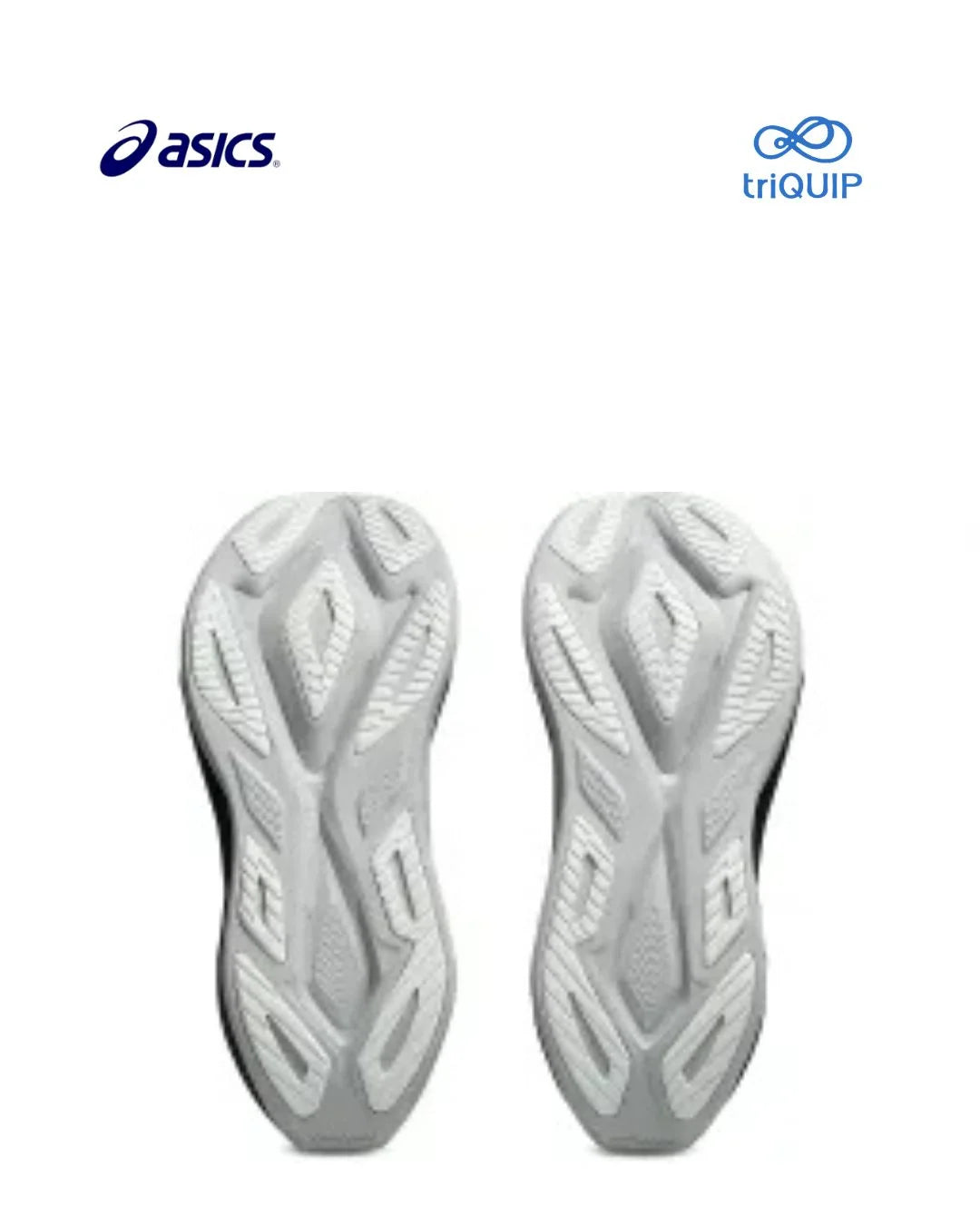 The outsoles of a pair of white and light gray ASICS Superblast 3 running shoes, displayed side-by-side against a white background with the Asics logo and triQUIP logo at the top.
