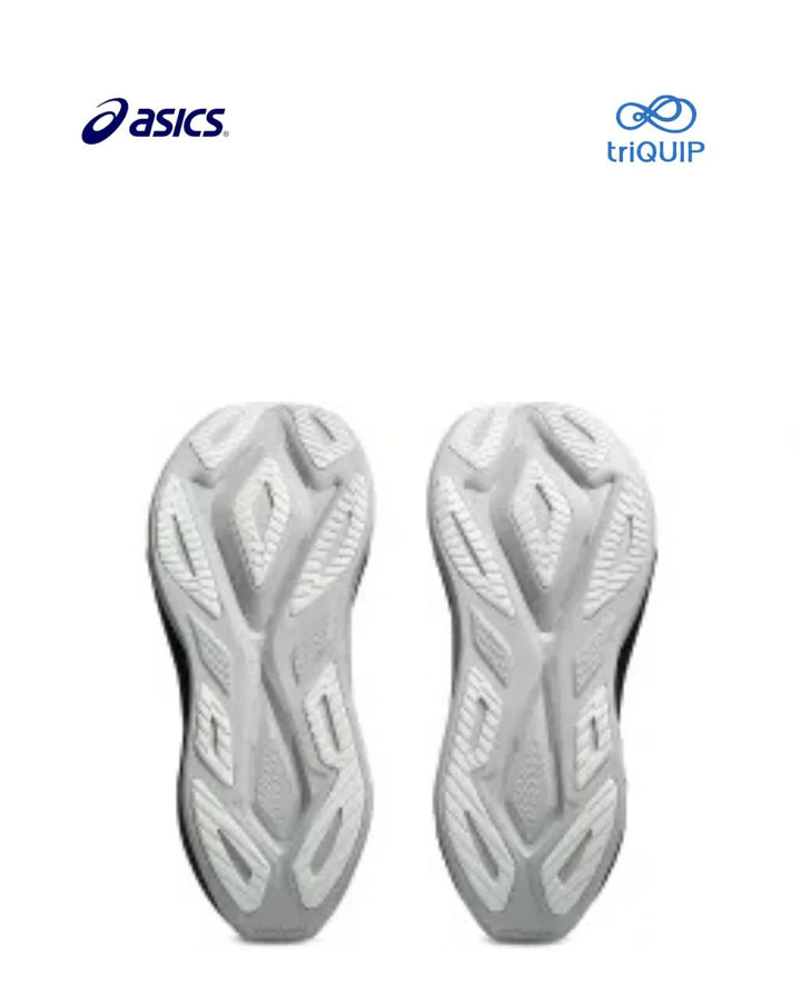The outsoles of a pair of white and light gray ASICS Superblast 3 running shoes, displayed side-by-side against a white background with the Asics logo and triQUIP logo at the top.