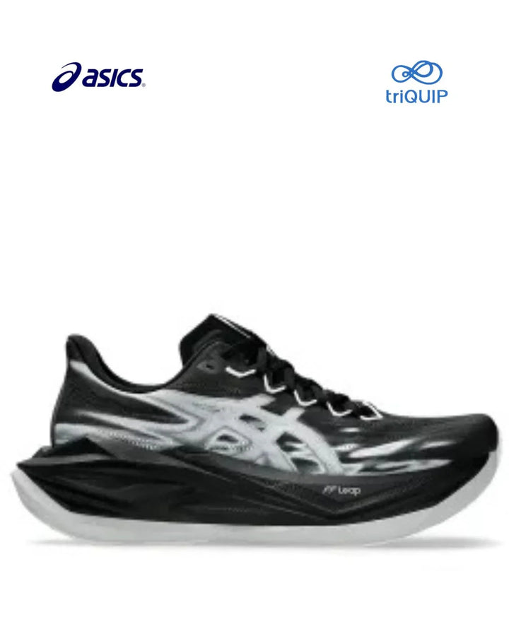 A black and white Asics Superblast 3  running shoe shown from the side on a white background, with the Asics logo in the top left and a triQUIP logo in the top right.
