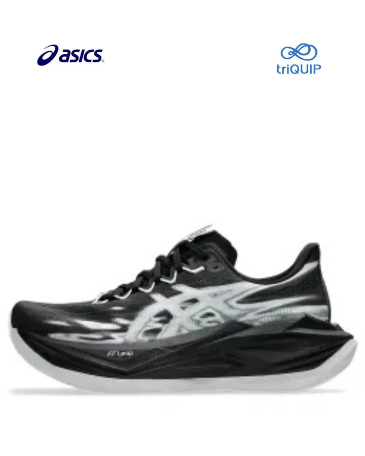 A black and white ASICS Superblast 3 running shoe shown from the side profile on a white background, with the ASICS logo in the top-left corner and a triQUIP logo in the top-right corner.