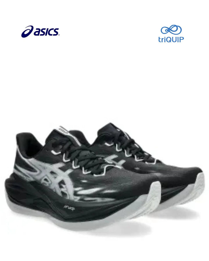 A pair of Asics Superblast 3 running shoes in black with white and gray graphic accents, shown on a white background with Asics and triQUIP logos at the top.