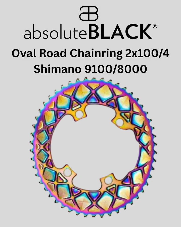 ABSOLUTE BLACK Oval Road Chain Ring 2X 110/4 Shimano 9100/8000 (50T/52T/53T) - Rainbow on triQUIP Sports