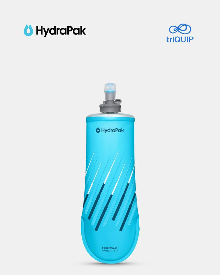 A light blue HydraPak portable water bottle with dark blue graphic stripes, shown against a light gray background with HydraPak and triQUIP logos at the top.