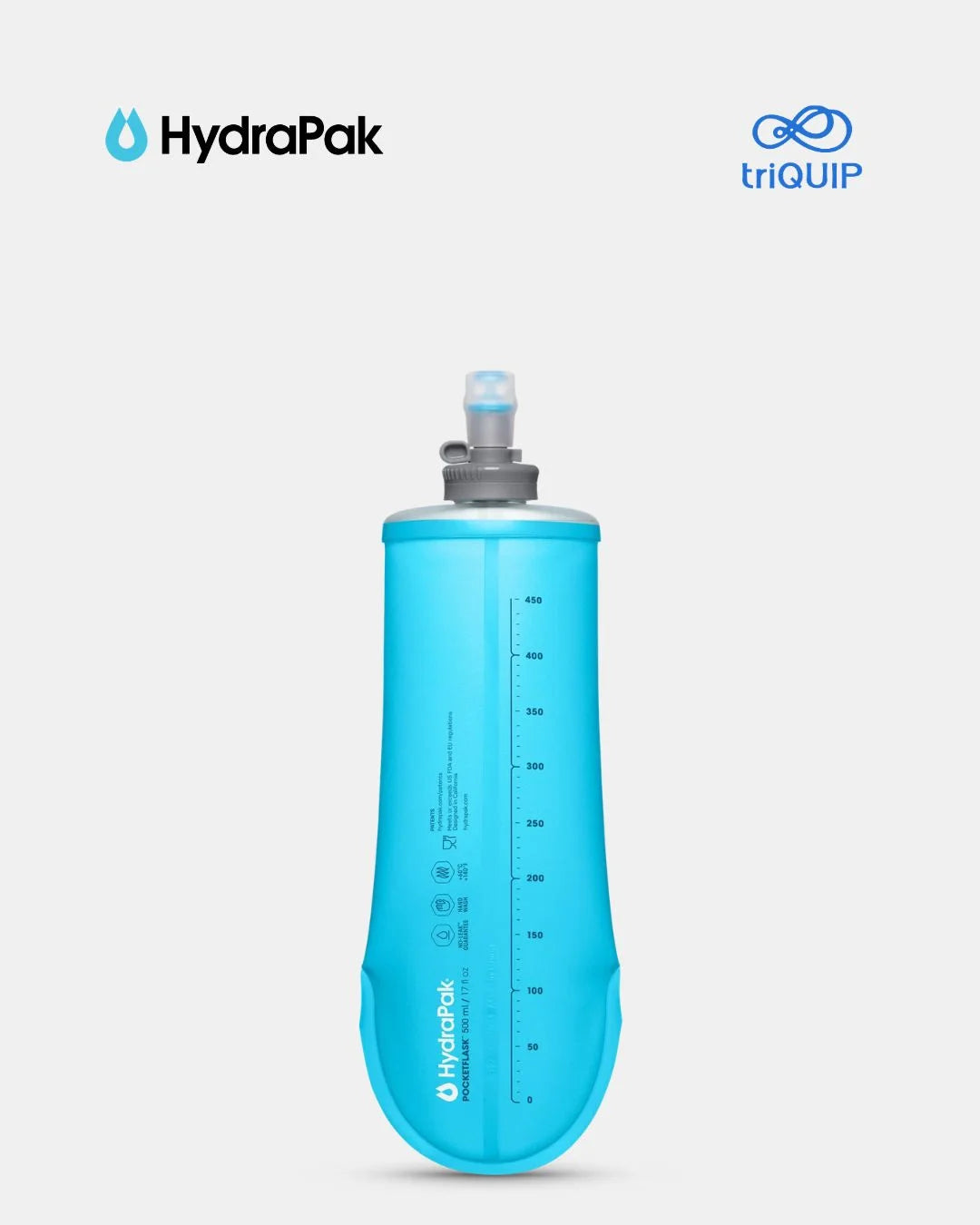 A bright blue collapsible water bottle with a gray and clear cap, shown on a light gray background with the HydraPak and triQUIP logos at the top.
