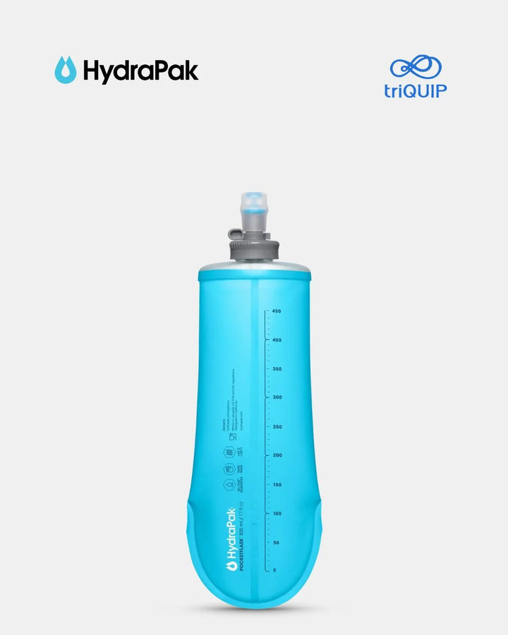 A bright blue collapsible water bottle with a gray and clear cap, shown on a light gray background with the HydraPak and triQUIP logos at the top.