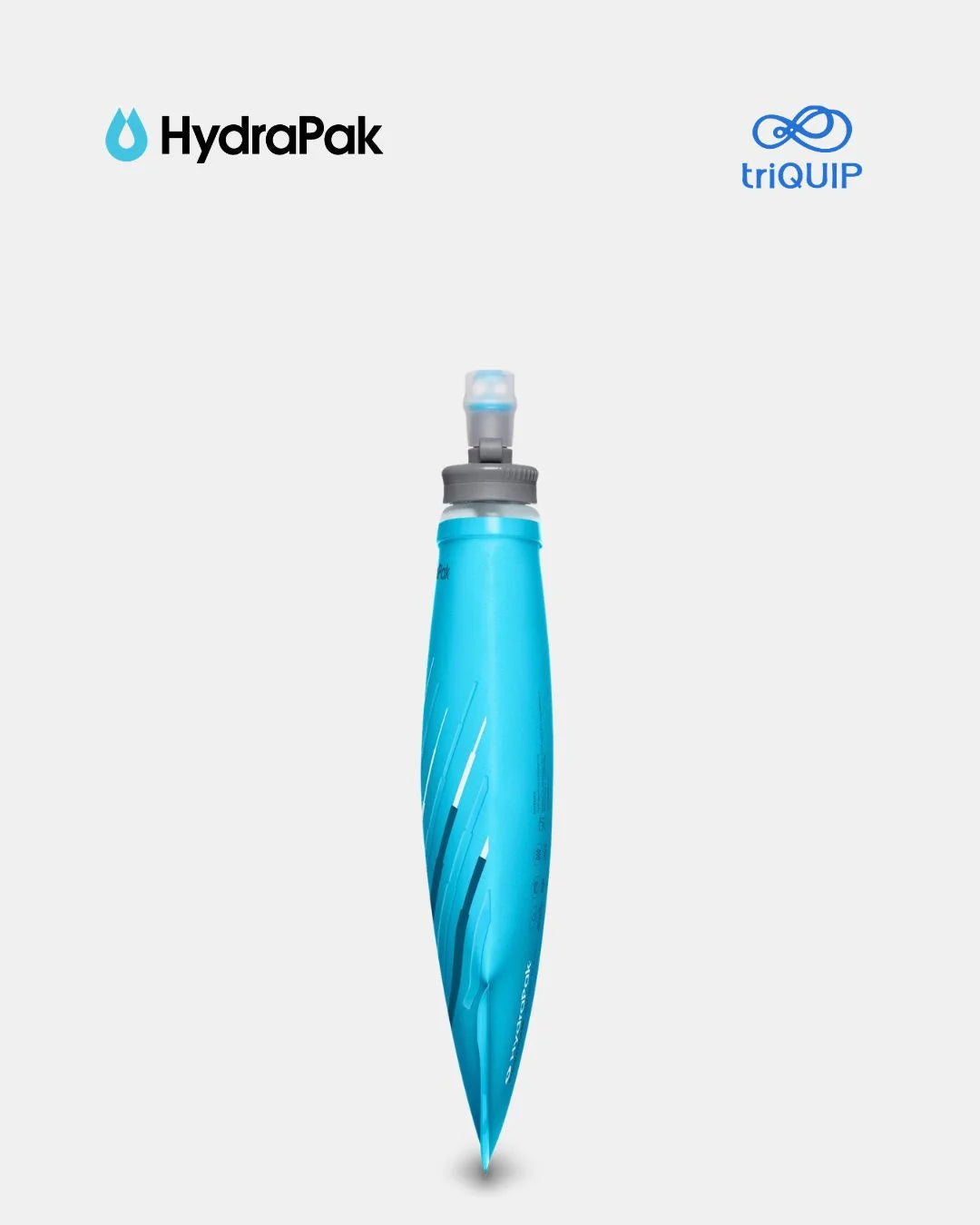 A blue collapsible water bottle with a gray cap and a clear top, centered on a light gray background with the HydraPak logo on the upper left and the triQUIP logo on the upper right.