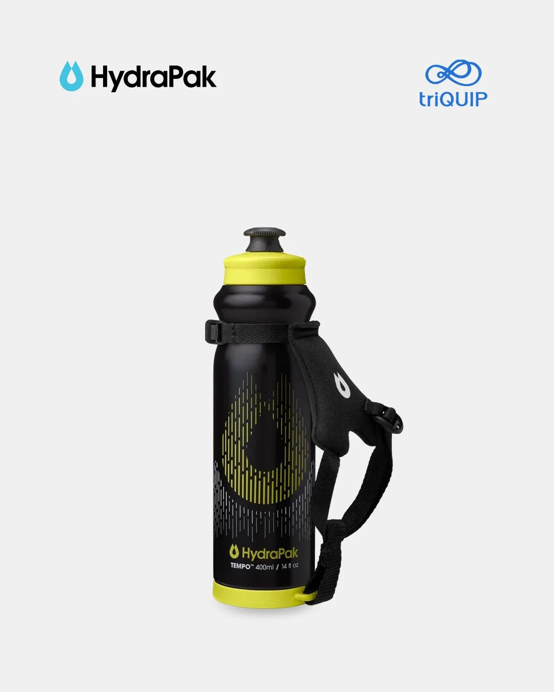 A black and neon yellow HydroPak water bottle with a black shoulder strap, shown on a light gray background with the HydroPak and triQUIP logos at the top.