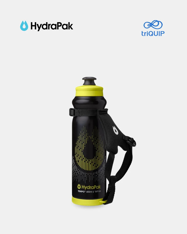 A black and neon yellow HydroPak water bottle with a black shoulder strap, shown on a light gray background with the HydroPak and triQUIP logos at the top.