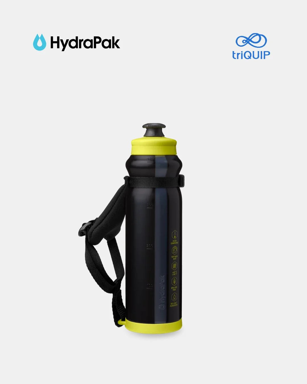 A black and yellow HydraPak water bottle with a black shoulder strap, shown on a light gray background with the HydraPak and triQuIP logos at the top.