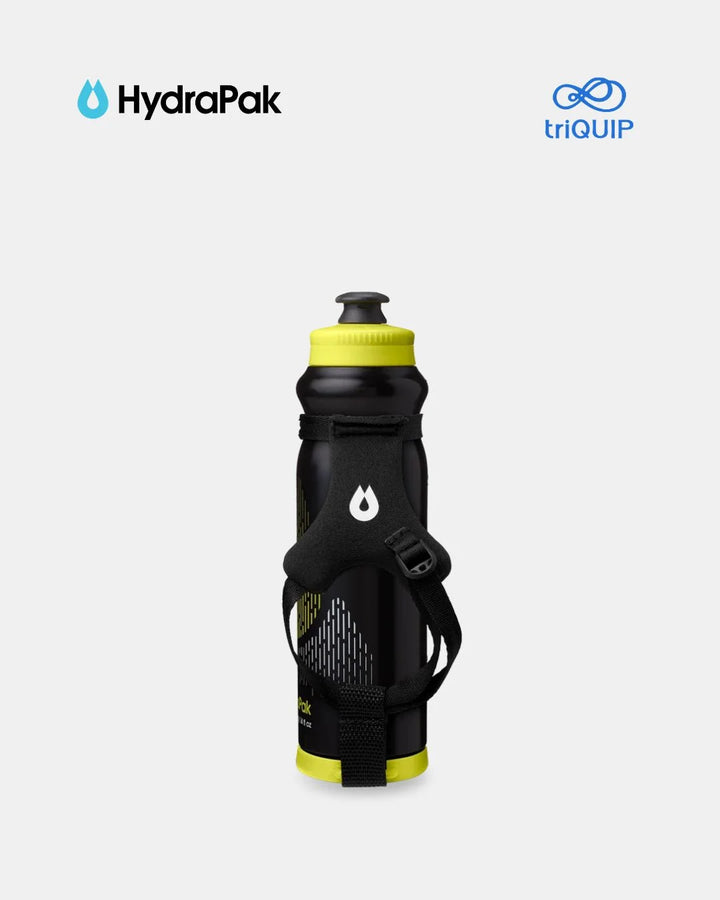 A black HydraPak water bottle with a bright yellow cap and base, featuring a black carrying strap around the middle. The HydraPak logo is displayed in the top-left corner, and the triQUIP logo is in the top-right, set against a light gray background.