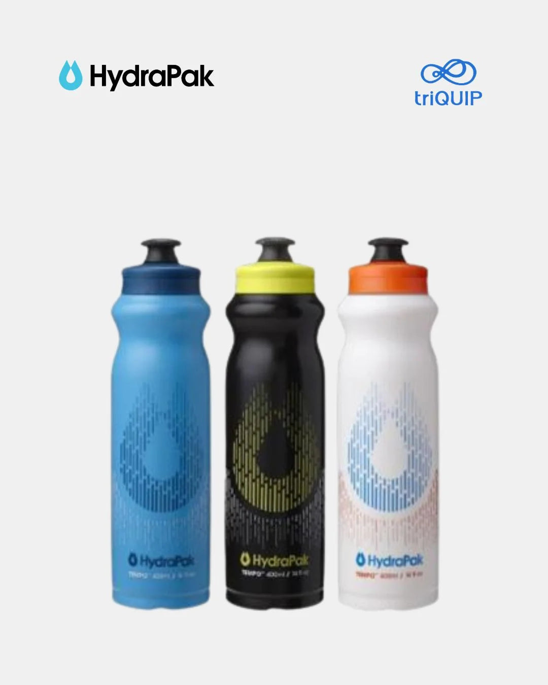 Three HydroPak sports water bottles in blue, black, and white, displayed side-by-side on a light gray background with the HydroPak and triQUIP logos at the top.
