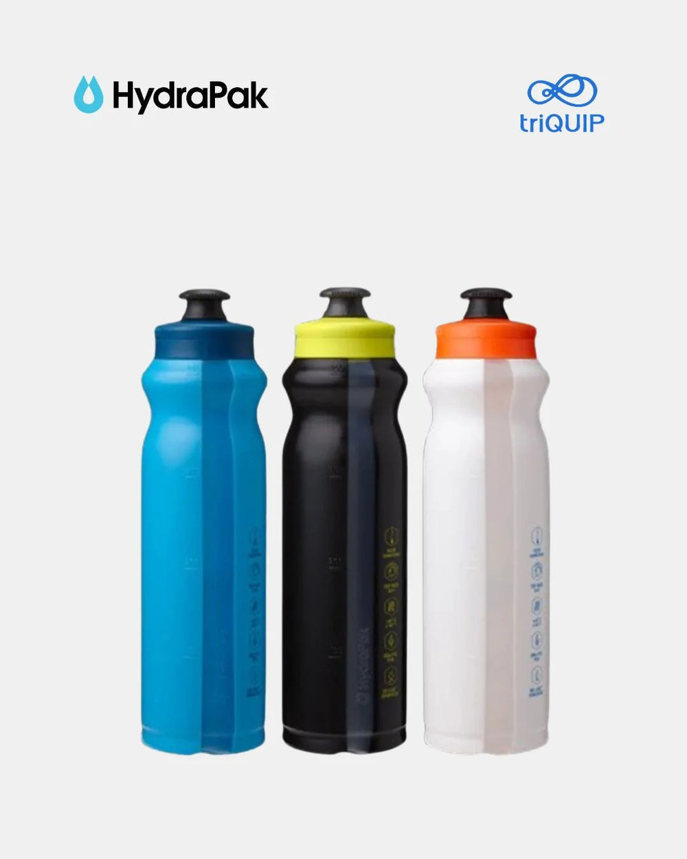 Three HydraPak water bottles in blue, black, and white, shown side-by-side on a light gray background with the HydraPak and triQUIP logos at the top.