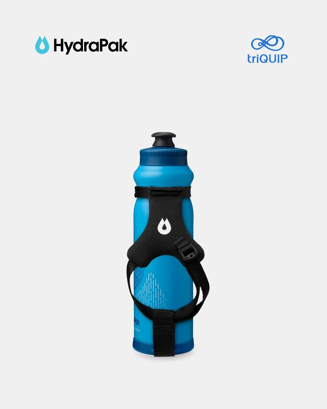 A blue HydraPak water bottle with a black Triquip carrier strap, shown against a light gray background with the HydraPak and triQUIP logos at the top.