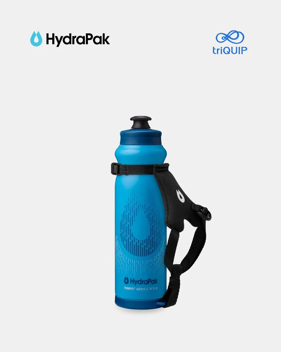 A blue HydroPak water bottle with a black strap and buckle, shown against a light gray background with the HydroPak and triQUIP logos at the top.