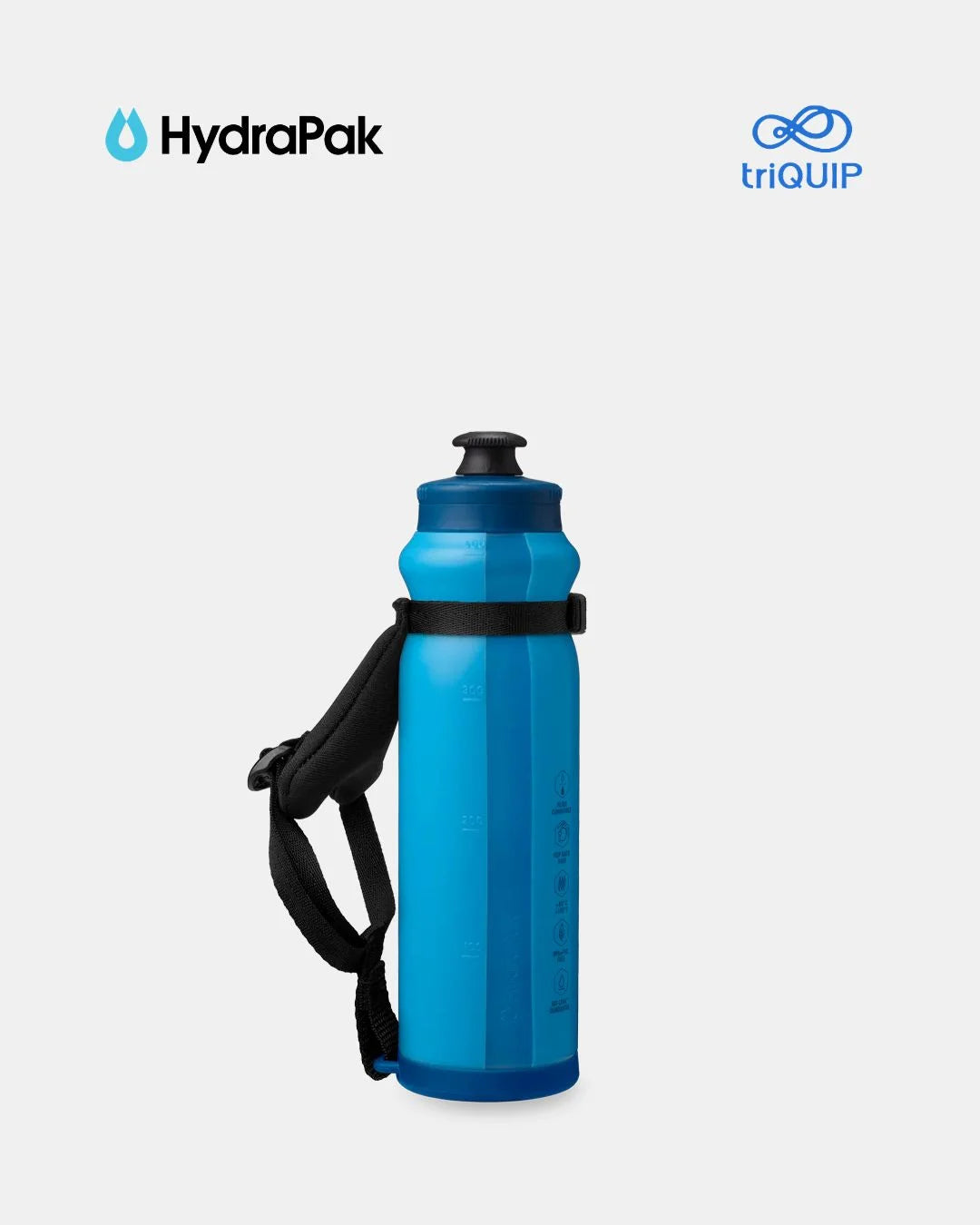 A blue HydraPak hydration bottle with a black strap and black cap, shown on a light gray background with the HydraPak and triQUIP logos at the top.