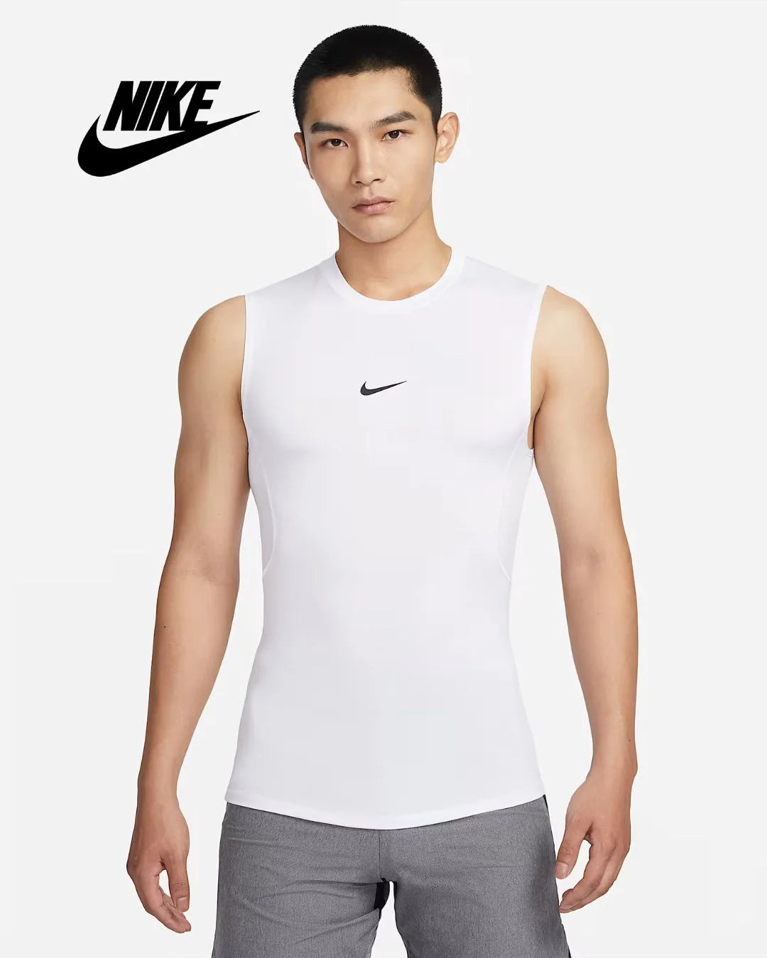NIKE Pro Men's Dri-FIT Tight Sleeveless Fitness Top - White/Black on triQUIP Sports