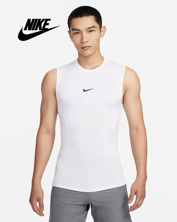 NIKE Pro Men's Dri-FIT Tight Sleeveless Fitness Top - White/Black on triQUIP Sports
