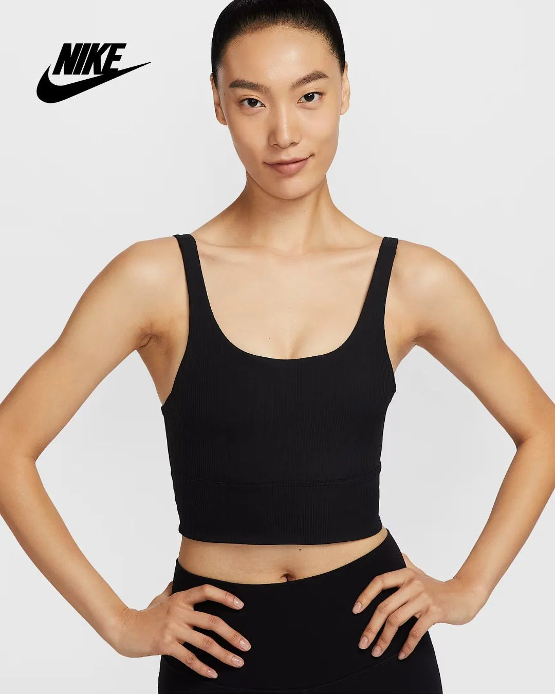 NIKE Zenvy Rib Women's Light Support Padded Longline Sports Bra - Black/Black on triQUIP Sports