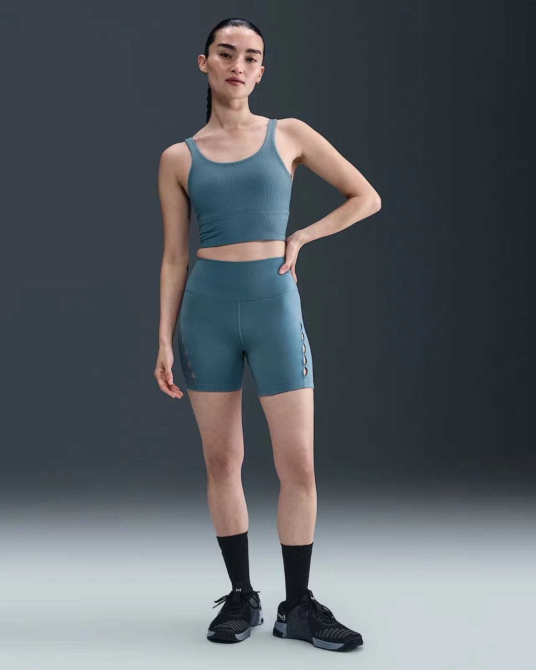 NIKE Zenvy Rib Women's Light Support Padded Longline Sports Bra - Smoky Blue/White