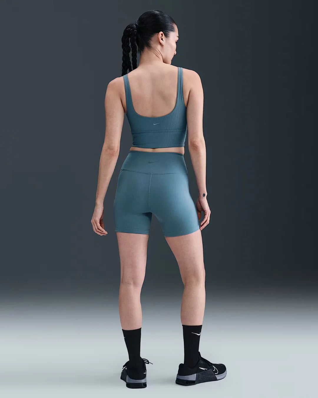 NIKE Zenvy Rib Women's Light Support Padded Longline Sports Bra - Smoky Blue/White