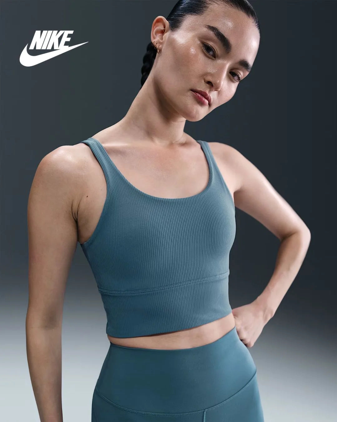 NIKE Zenvy Rib Women's Light Support Padded Longline Sports Bra - Smoky Blue/White on triQUIP Sports