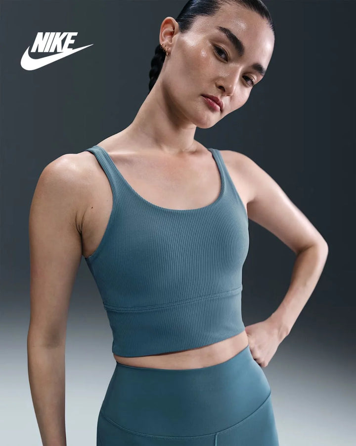 NIKE Zenvy Rib Women's Light Support Padded Longline Sports Bra - Smoky Blue/White on triQUIP Sports