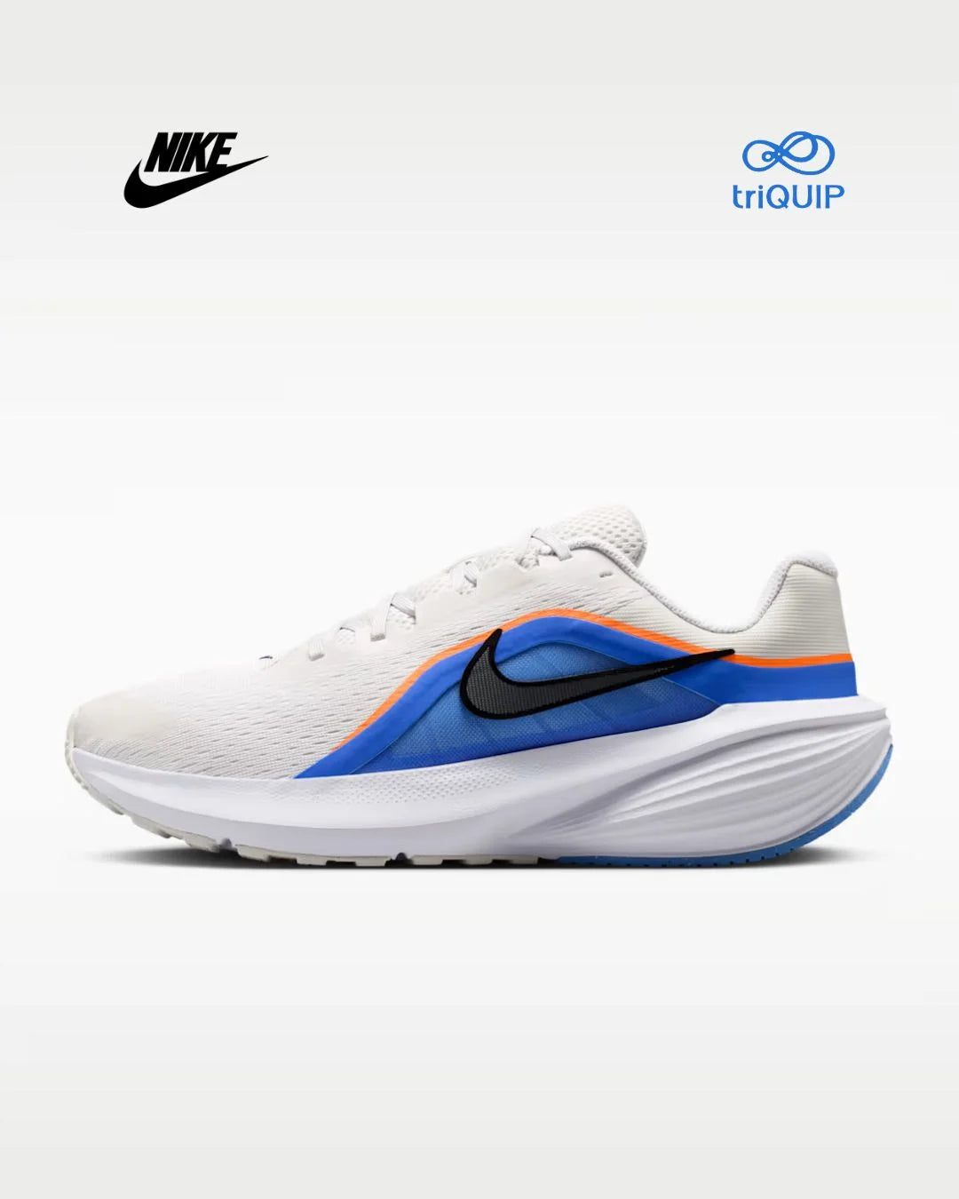 A Nike running shoe in white with a blue and orange side stripe, a black Swoosh, and a white sole, shown on a light gray background with Nike and triQUIP logos in the top corners.