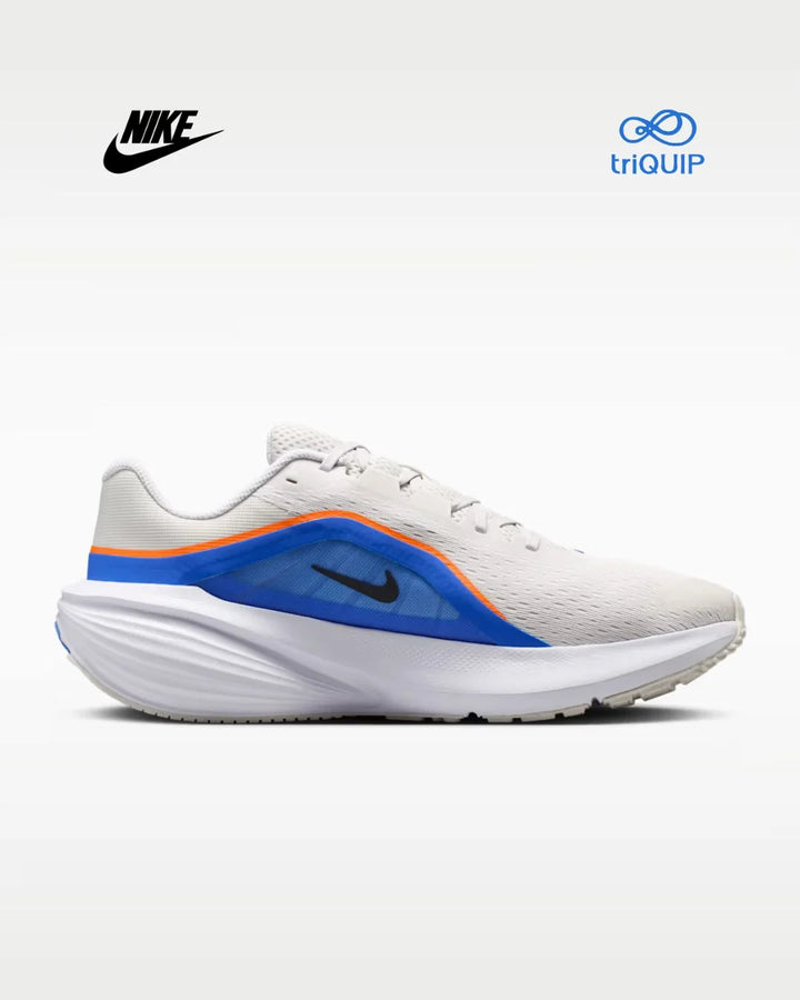 A Nike running shoe in white with a bright blue side panel and a thin orange accent line, shown on a clean white background with Nike and triQUIP logos in the corners.