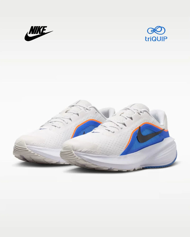 A pair of Nike triQuIP running shoes in white, featuring a bright blue heel accent, a black Swoosh, and orange trim, displayed on a clean white background with Nike and triQuIP logos in the top corners.