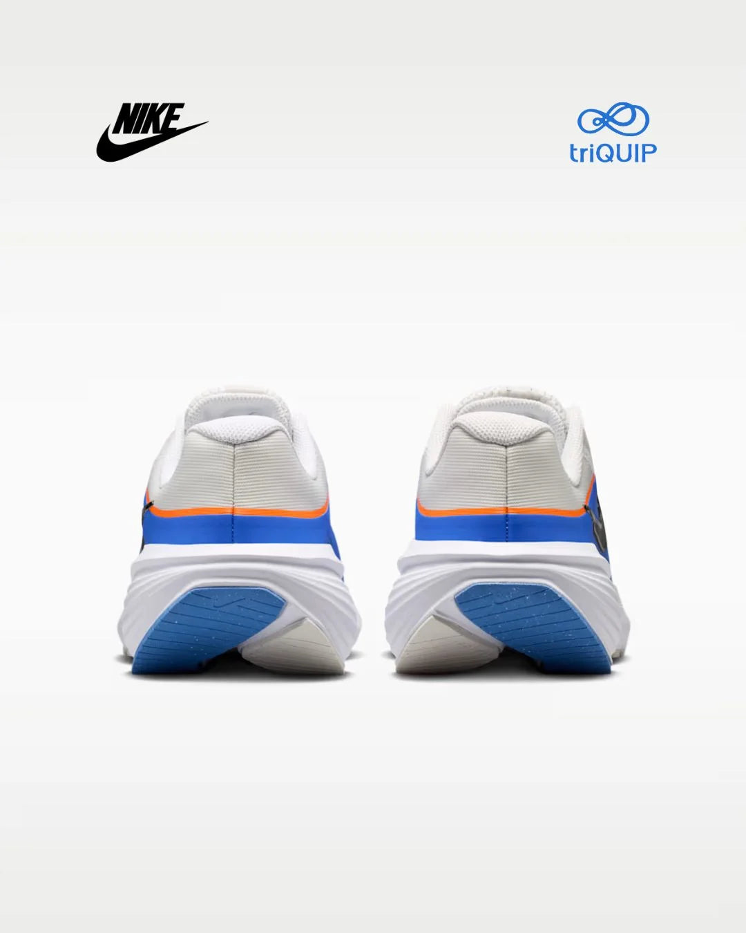 A pair of Nike running shoes shown from the back, featuring a white mesh upper, a blue and orange stripe on the heel, and a blue outsole. The Nike logo is in the top-left corner, and the triQUIP logo is in the top-right, all on a clean white background.