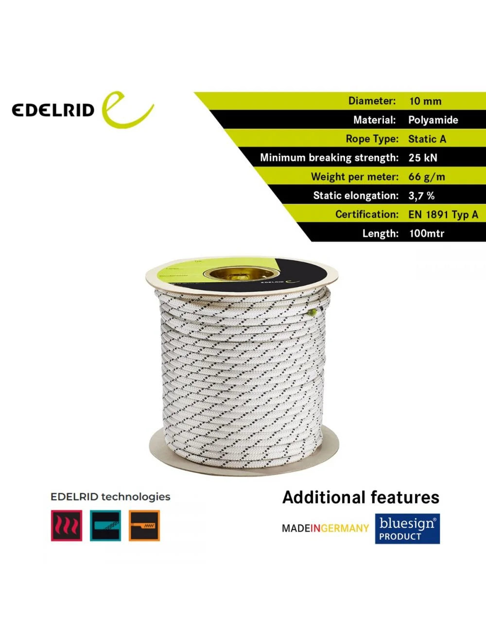 Static Ropes Edelrid EDELRID Performance Static 10.0 mm Static Ropes - Snow – triQUIP Sports